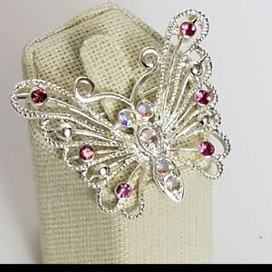 Silver-tone Filigree Butterfly Brooch Pink Crystals